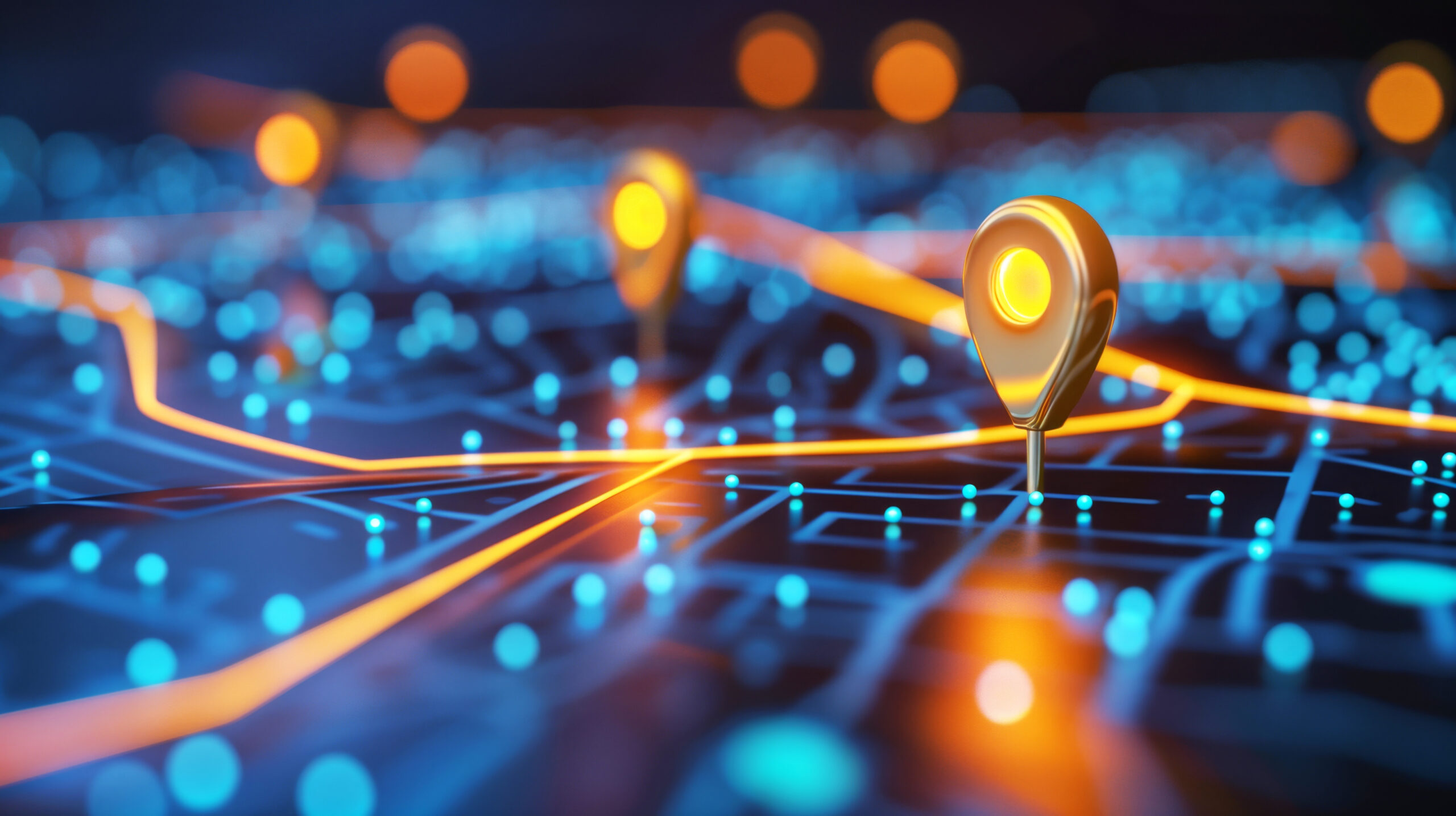 Abstract representation of a digital map with glowing location pins and illuminated routes, emphasizing navigation and modern technology for geolocation and travel.